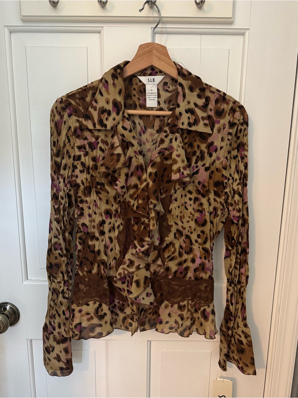 SLB Women's Ruffle Front Leopard Print Long Sleeve Blouse Brown/Multicolor Sz M